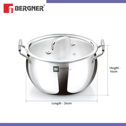 Bergner Essentials TriPly Stainless Steel 20cm Rice Handi with Lid, Large Rice Handi