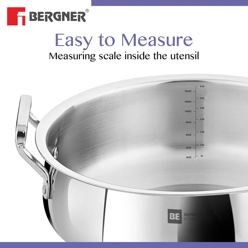 Bergner Essentials TriPly Stainless Steel 28 cm Biryani Handi with Lid, 6.4 L Biryani Pot, Patila Handi