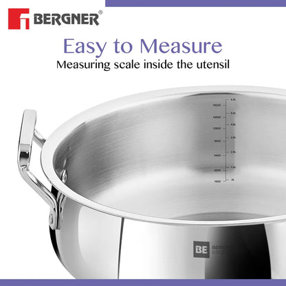 Bergner Essentials TriPly Stainless Steel 28 cm Biryani Handi with Lid, 6.4 L Biryani Pot, Patila Handi