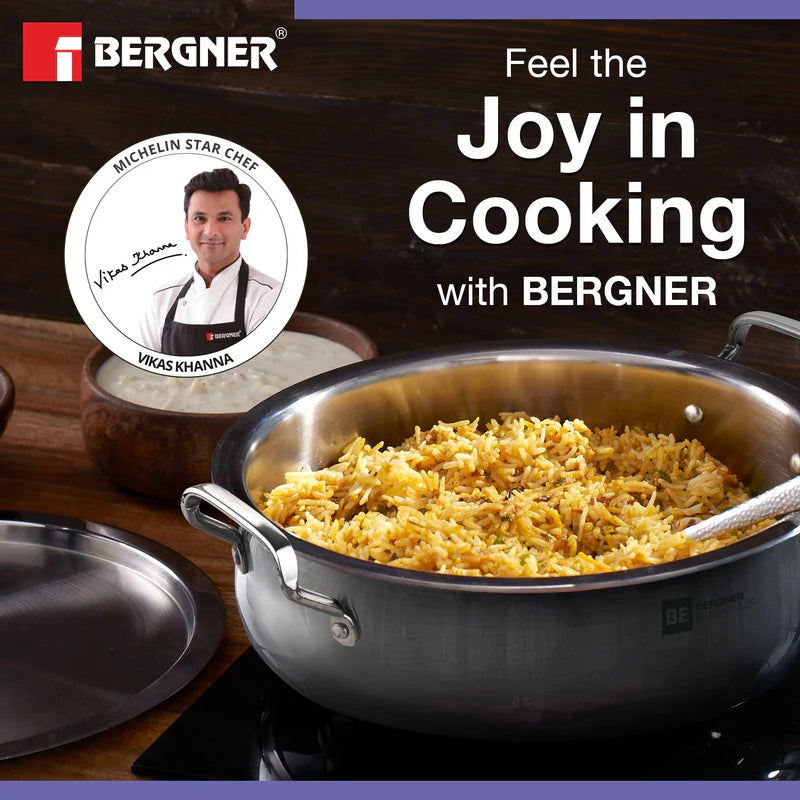Bergner Essentials TriPly Stainless Steel 32 cm Biryani Handi Lid, 8.4 L Biryani Pot, Large Patila Handi