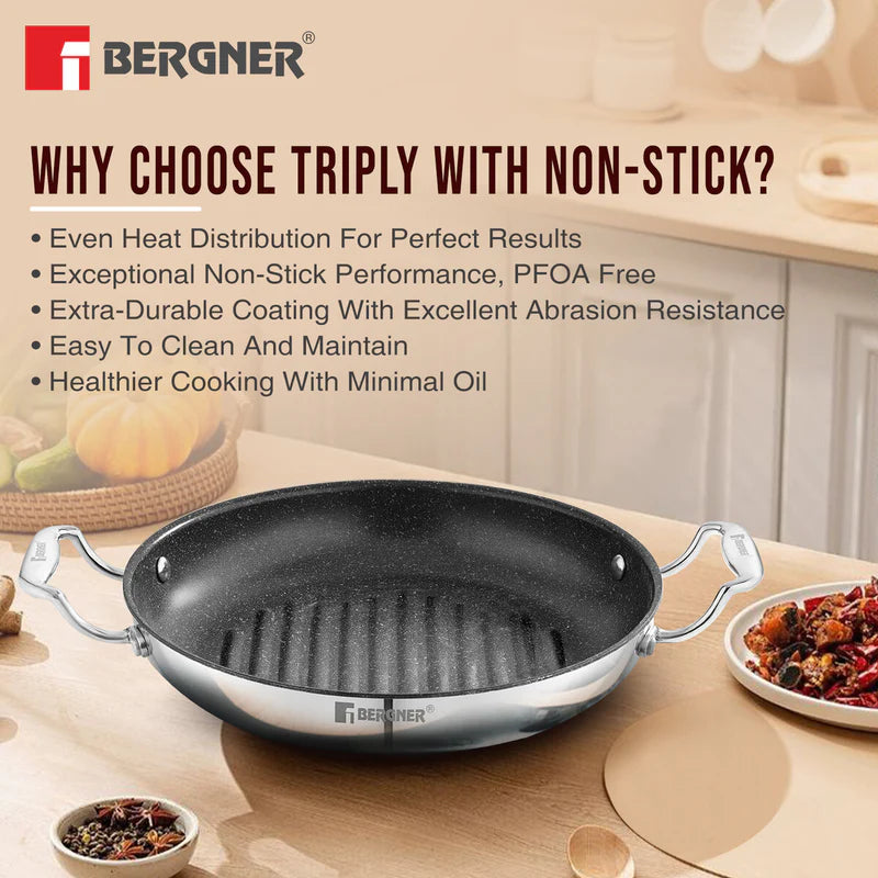 Bergner Argent Samsara Triply Stainless Steel 26cm Round Grill Pan