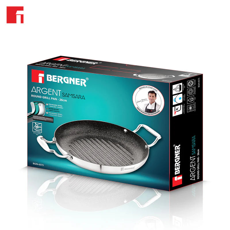 Bergner Argent Samsara Triply Stainless Steel 26cm Round Grill Pan