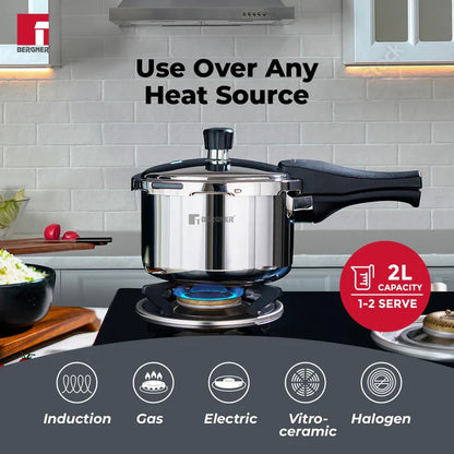 Bergner Tri-Max 2 L Triply Pressure Cooker, Outer Lid Cooker
