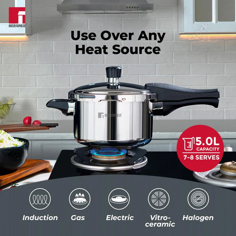 Bergner Tri-Max 5 L Triply Pressure Cooker, Outer Lid Cooker
