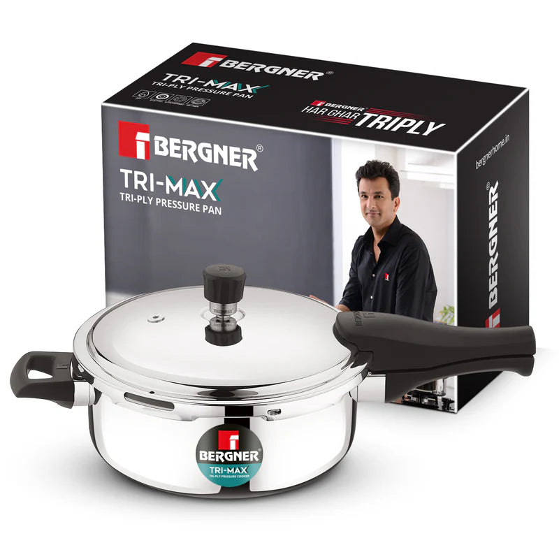 Bergner Trimax Triply Stainless Steel 3 Liters Outer Lid Pressure Pan, Silver Steel Cooker with Triply Construction