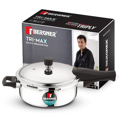Bergner Trimax Triply Stainless Steel 3 Liters Outer Lid Pressure Pan, Silver Steel Cooker with Triply Construction