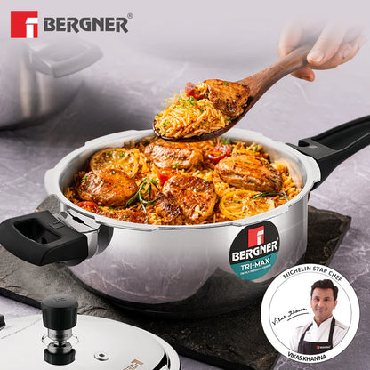 Bergner Trimax Triply Stainless Steel 3 Liters Outer Lid Pressure Pan, Silver Steel Cooker with Triply Construction