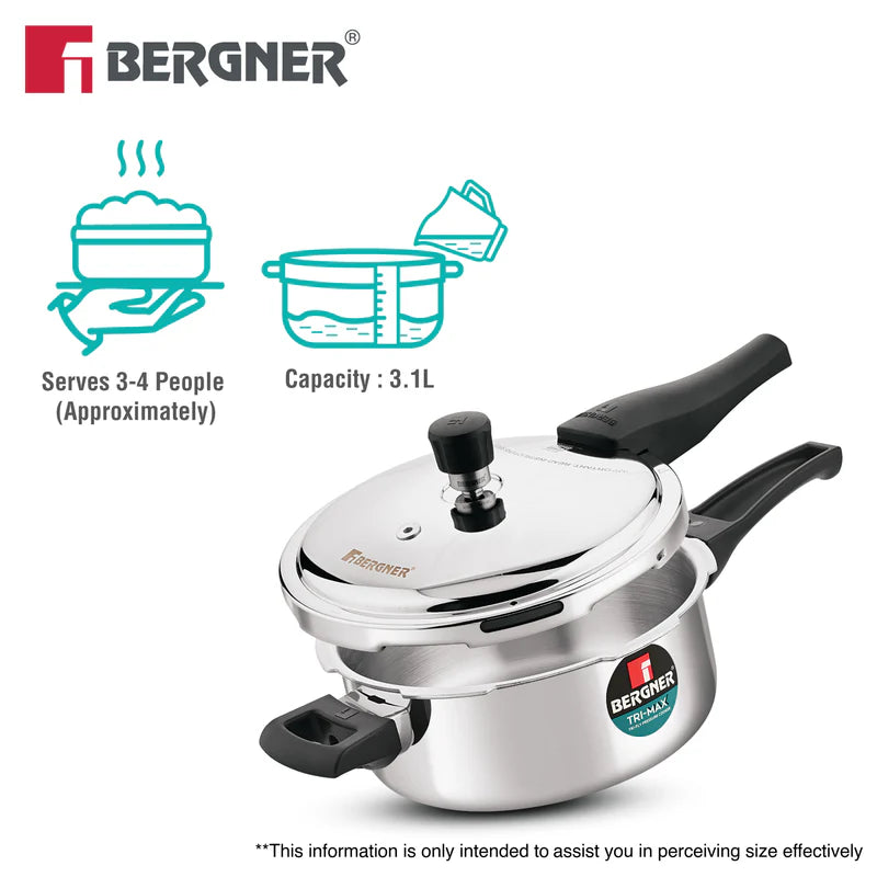 Bergner Trimax Triply Stainless Steel 3 Liters Outer Lid Pressure Pan, Silver Steel Cooker with Triply Construction