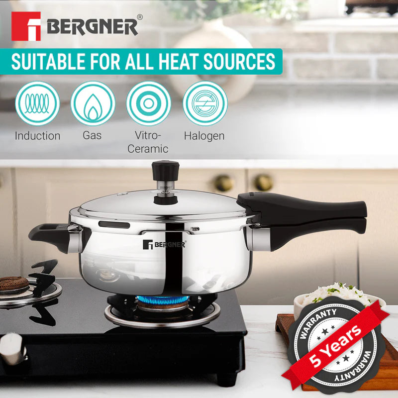 Bergner Trimax Triply Stainless Steel 3 Liters Outer Lid Pressure Pan, Silver Steel Cooker with Triply Construction
