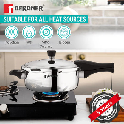Bergner Trimax Triply Stainless Steel 3 Liters Outer Lid Pressure Pan, Silver Steel Cooker with Triply Construction
