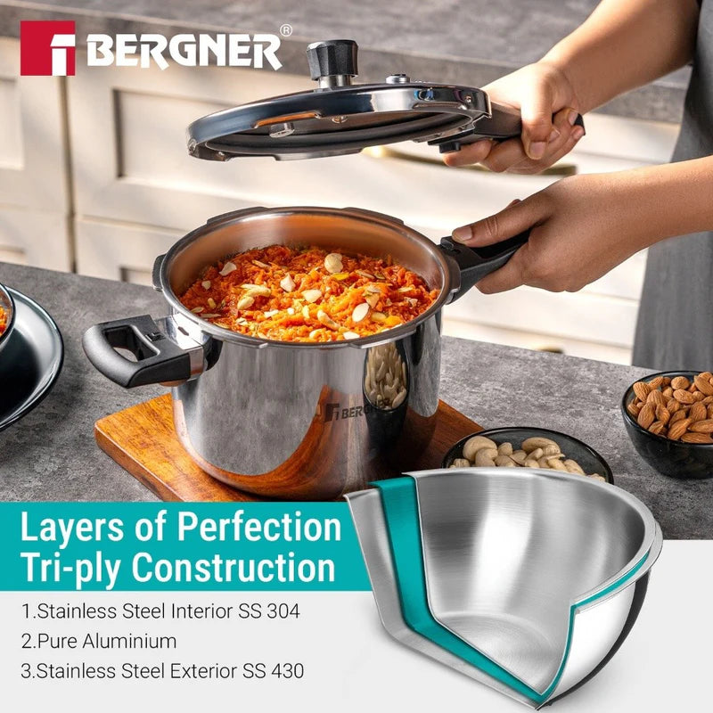 Bergner Argent Classic Triply Stainless Steel 5.5 Liters Outer Lid Pressure Cooker