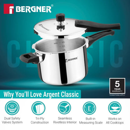 Bergner Argent Classic Triply Stainless Steel 5.5 Liters Outer Lid Pressure Cooker