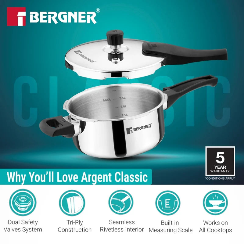 Bergner Argent Classic Triply Stainless Steel 3.5 Liters Outer Lid Pressure Pan