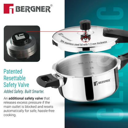 Bergner Argent Classic Triply Stainless Steel 3.5 Liters Outer Lid Pressure Pan