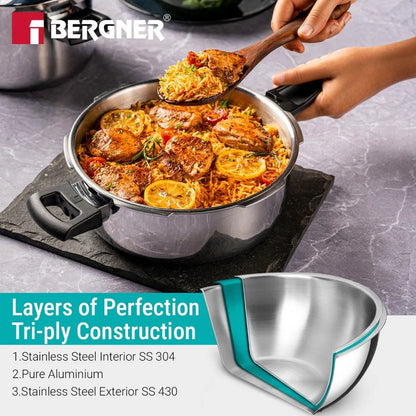 Bergner Argent Classic Triply Stainless Steel 5 Liters Outer Lid Pressure Pan
