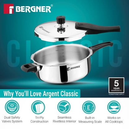 Bergner Argent Classic Triply Stainless Steel 5 Liters Outer Lid Pressure Pan