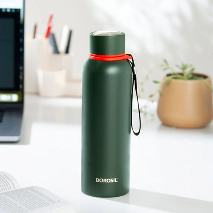 Borosil Hydra Trek Stainless Steel Water Bottle | Double Wall Vacuum Insulated Flask, Green 500 ml