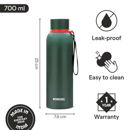 Borosil Hydra Trek Stainless Steel Water Bottle | Double Wall Vacuum Insulated Flask, Green 500 ml