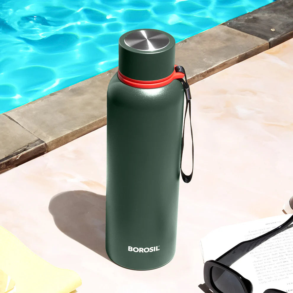 Borosil Hydra Trek Stainless Steel Water Bottle | Double Wall Vacuum Insulated Flask, Green 500 ml