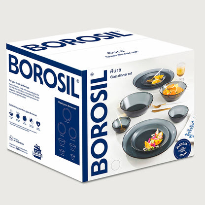 Borosil Aura Glass Dinner Set, Grey, 27 pc
