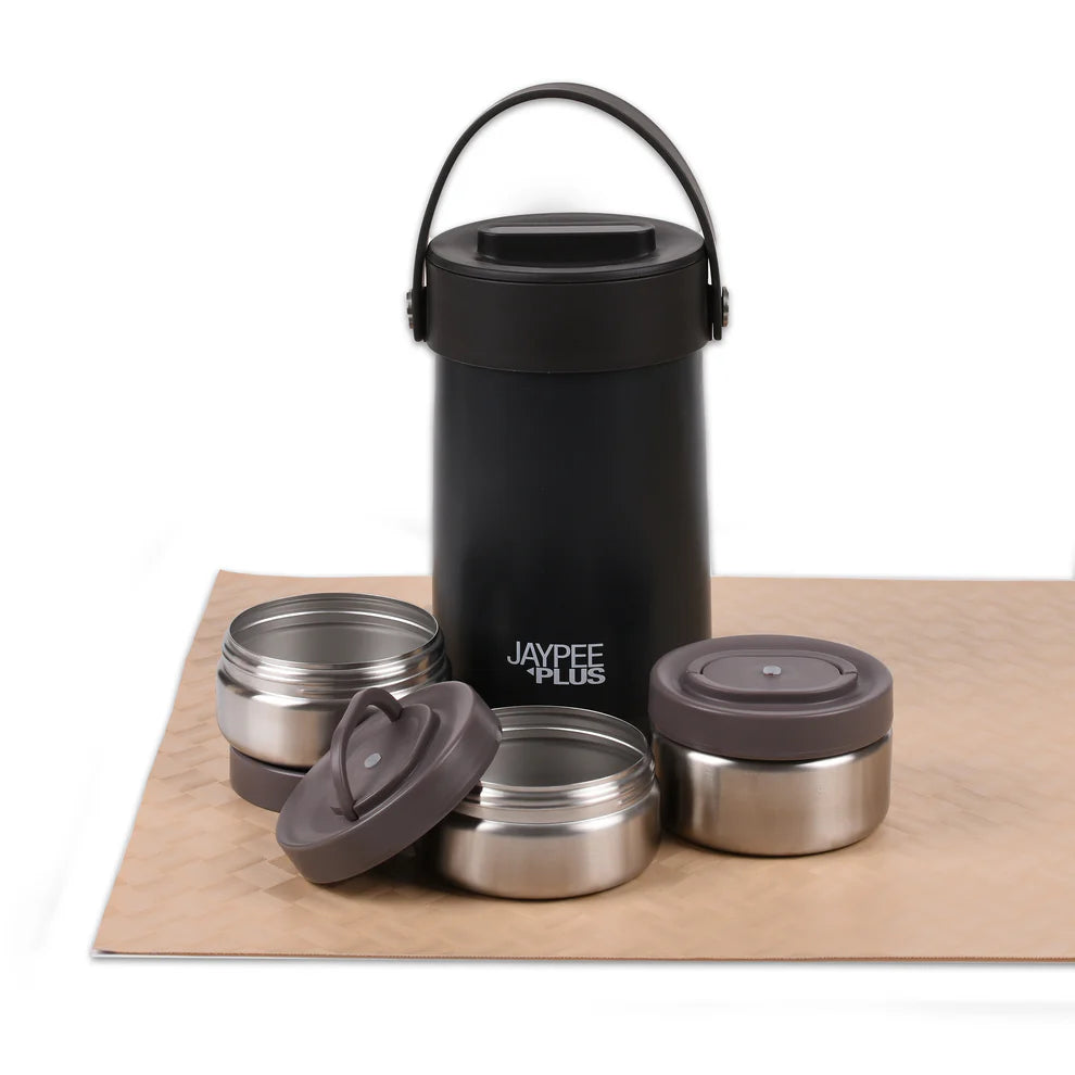 Jaypee Plus - Echo Thermosteel Lunch Box Set Of 3Pcs (1Pc-420ML+2Pcs-350ML) Black