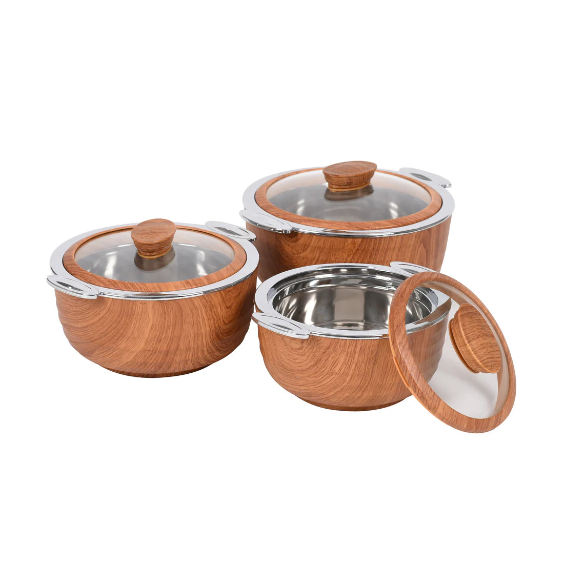 Jaypee Plus - Orbit Stainless Steel Casserole Set Of 3Pcs (1000ML+1500ML+2000ML) Dark Wood