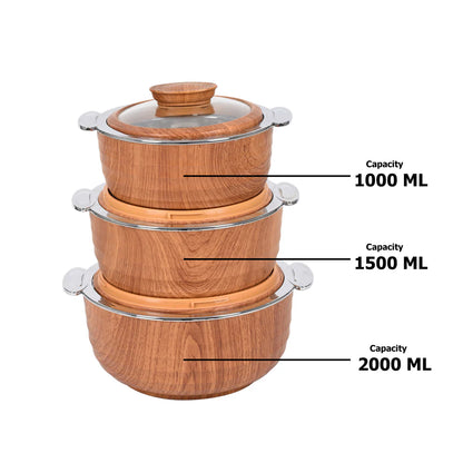 Jaypee Plus - Orbit Stainless Steel Casserole Set Of 3Pcs (1000ML+1500ML+2000ML) Dark Wood