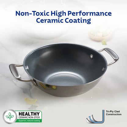 Tramontina Fusao EX+ 30cm Ceramic Stainless Steel Tri-Ply Kadai with SS Lid - 5.7L