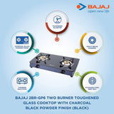 Bajaj GP6, 2-Burner Stainless Steel Glass Gas Stove (Black, ISI Certified)