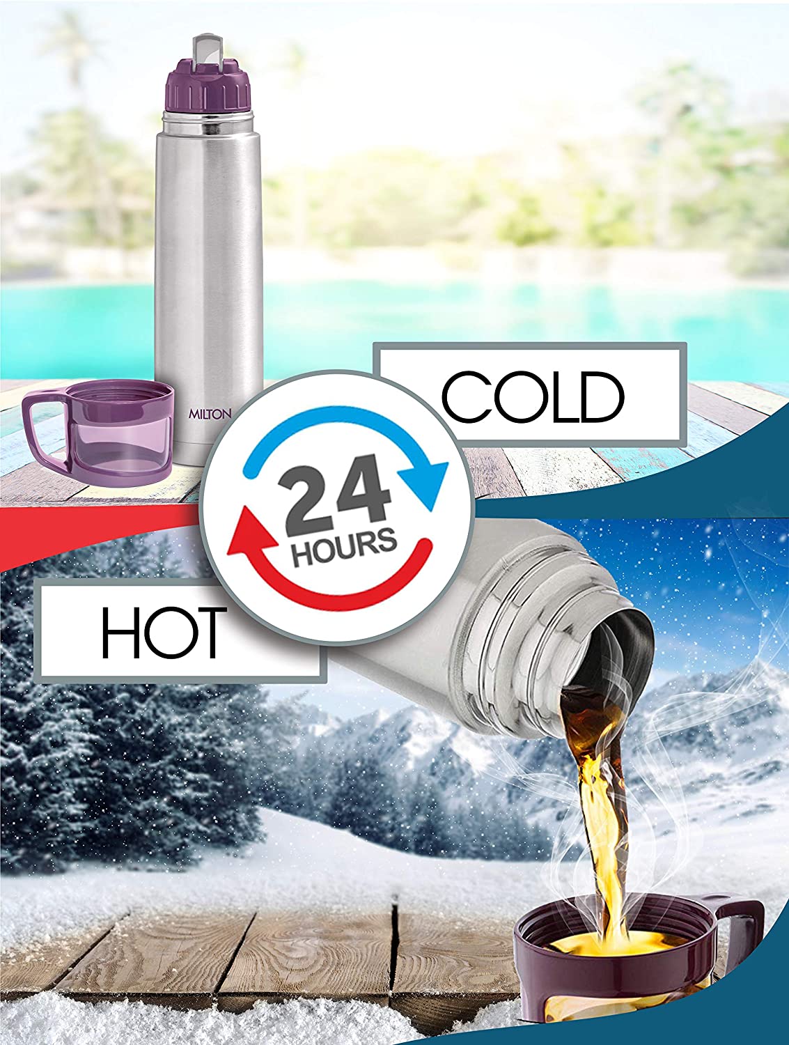 Milton Thermosteel Flip Lid Vacuum Flask & Mug Hot Cold Water Tea