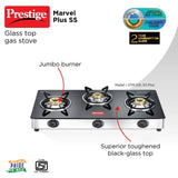 Prestige Marvel Plus Stainless Steel 3 Burner Glass Top Manual Gas Stove, Black, GTM 03