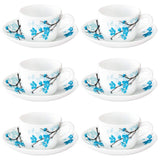 Larah by Borosil Mimosa (LH) Cup and Saucer Set, 140ml, 12-Pieces, White and Blue