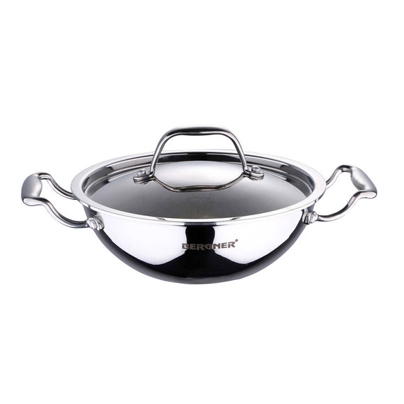 BERGNER - BG-6348 Argent Triply Stainless Steel Kadhai with Stainless Steel Lid, 26 cm, 3.5 Liters, Induction Base, Silver…
