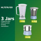 Philips Amaze HL7576/00 600-Watt Juicer Mixer Grinder with 3 Jars (Celestial Blue/Bright White)