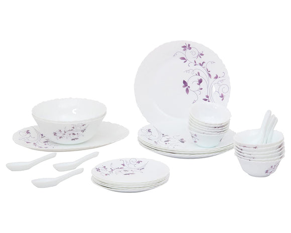 LaOpala Diva Dazzle Purple Classique Collection Opalware Dinner Set, 33 Pieces, White