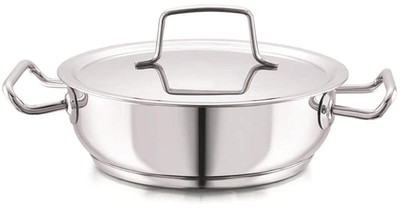 Cello Stainless Steel Flat Kadhai with Lid, Impact Bonded Tri Ply Bottom (20 cm - 1.8 L)