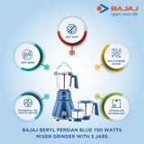 Bajaj Beryl Persian Blue 750 Watts, 3 Jar Mixer Grinder with Anti-Germ & Anti-dust Coating