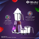 Bajaj Beryl Royal Plum 750 Watts, 3 Jar Mixer Grinder with Anti-Germ & Anti-dust Coating