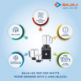 Bajaj GX 3501 500 Watts Mixer Grinder with 3 Jars (Black)