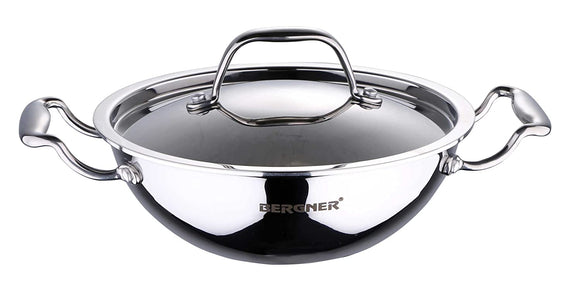 BERGNER Argent Triply Stainless Steel Kadhai with Stainless Steel Lid, 18 cm, 1.3 litres, Induction Base, Silver