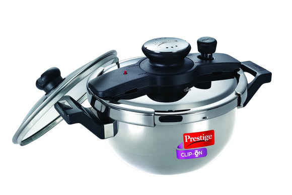 Prestige Clip On Stainless Steel Kadai Pressure Cooker with Glass Lid Accessory, 2-Pieces, Metallic, 3.5 L