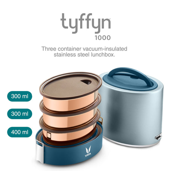 Vaya Tyffyn Blue Copper-Finished Stainless Steel Lunch Box with Bagmat, 1000 ml, 3 Containers, Blue