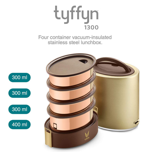Vaya Tyffyn Jumbo Gold Copper-Finished Stainless Steel Lunch Box Without Bagmat, 1300 ml, 4 Containers, Gold