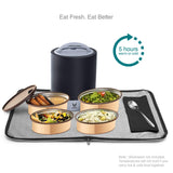 Vaya Tyffyn Jumbo Black Copper-Finished Stainless Steel Lunch Box with Bagmat, 1300 ml, 4 Containers, Black