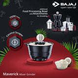Bajaj Maverick Mixer Grinder, 750W, 3 Jars, Food Processor Bowl and Coconut Scraper (Black)