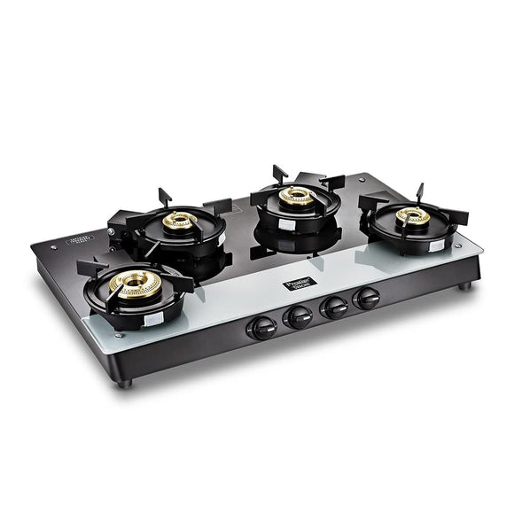 Prestige Svachh Duo GTSD 04 L Toughened Glass with Liftable 4 Burners Gas Stove, Black, Manual Ignition