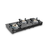 Glen 3 Burner Glass Gas Stove with High Flame Brass Burner Double Drip Tray (1032 GT HF BB DD BL)