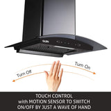 GLEN 60 cm 1050m3/hr Auto-Clean curved glass Kitchen Chimney Filterless Motion Sensor Touch Controls (6060 Black)