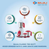 BAJAJ by Bajaj Classic Neo 750 Mixer Grinder (3 Jars, Red)