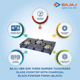 Bajaj GP6, 3-Burner Stainless Steel Glass Gas Stove (Black, ISI Certified)
